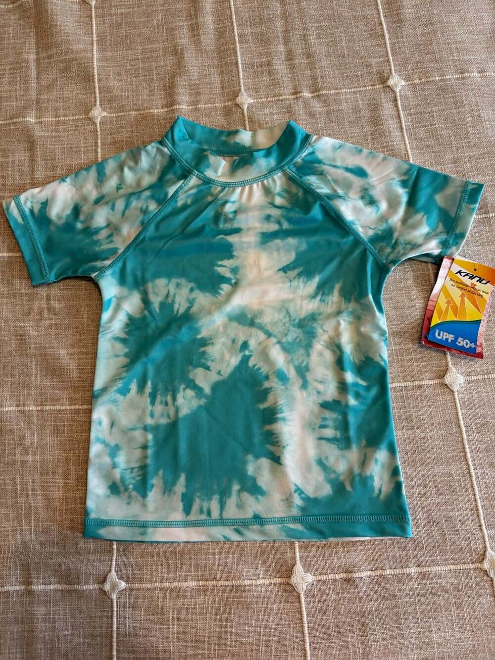 Kanu Surf Kids Size 6 Short Sleeve Rash Guard Blue/White Tie Dye UV Protection